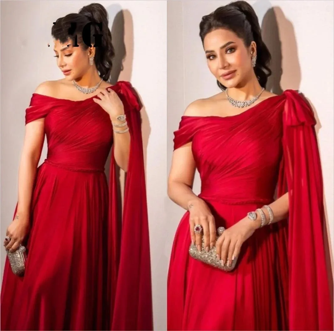 

Red Satin Evening Dresses One Shoulder A-Line Prom Party Formal Gowns Pleated Porm Dresses For Women Robe De Soiree