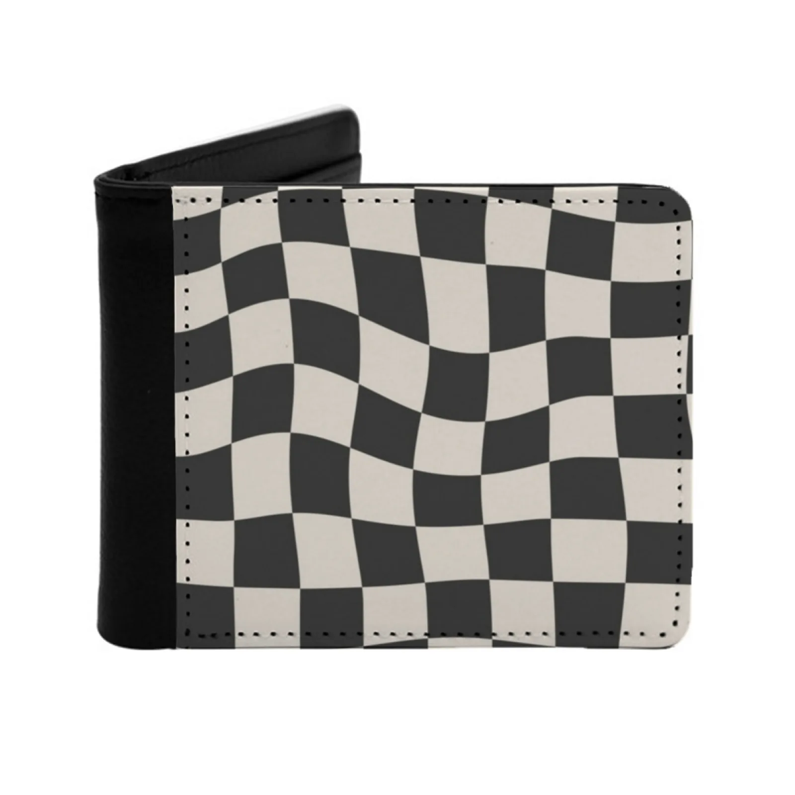 

Black And White Warped Checkered Pattern Checkerboard Personalized Wallet For Men And Women Pu Leather Short Pocket Purse Black