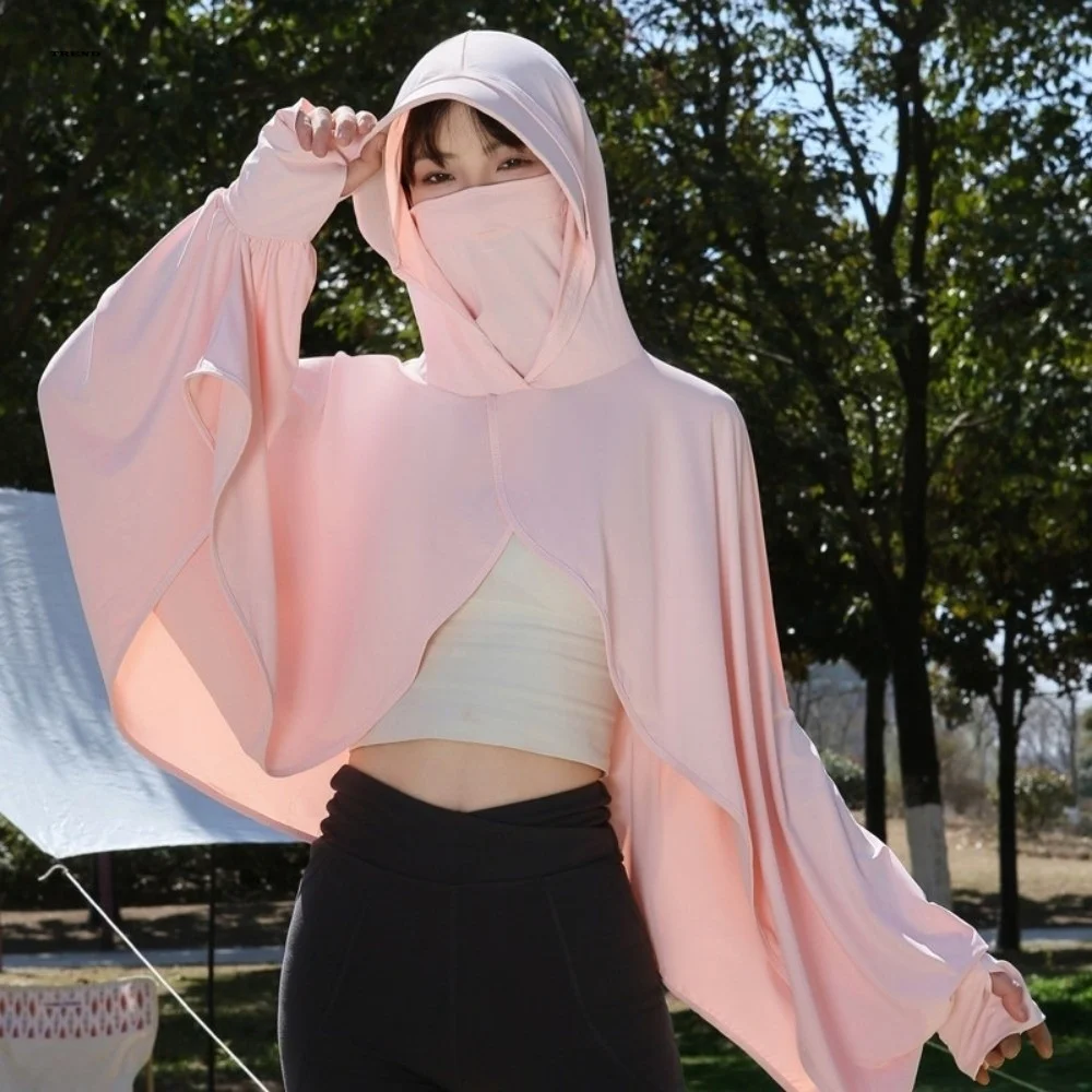 Solid Color 3 in 1 Sunscreen Hoodie Long Sleeve Thin Sun Protection Clothing Quick Dry Waterproof Facemask Hat Sunscreen Shawl