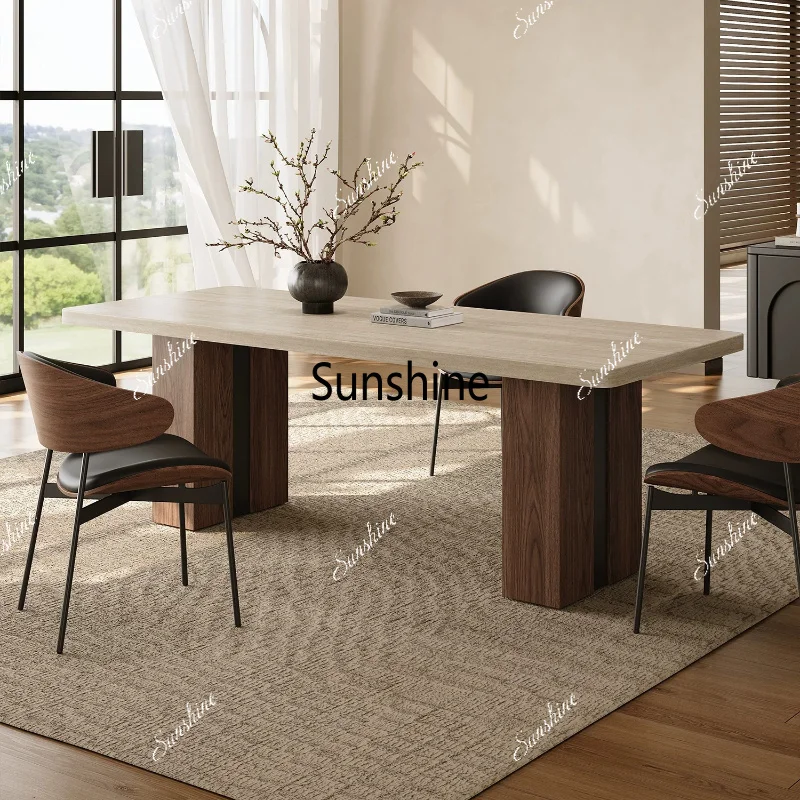 Retro travertine rock slab dining table rectangular household dining table