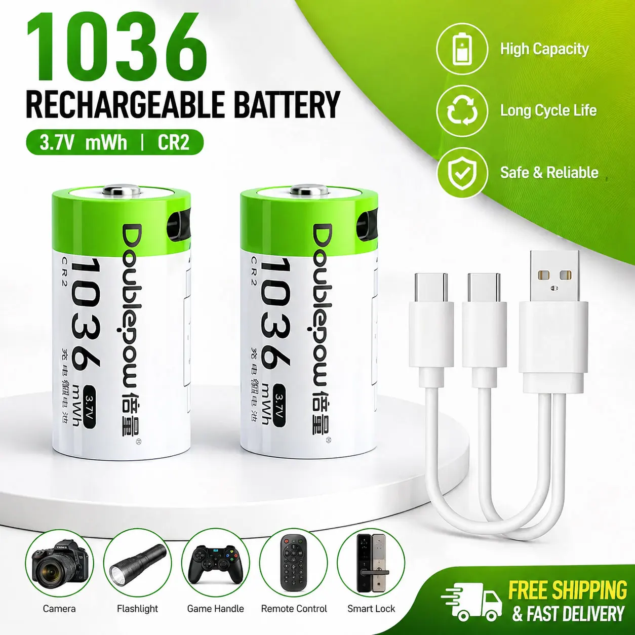 

1036mWh 3.7V Rechargeable CR2 Lithium Battery, USB Type-C Interface Charging Cable for Household Small Devices