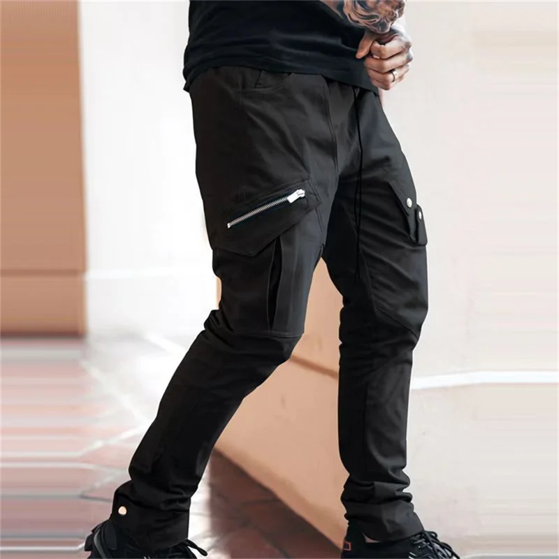 Pantalones bombachos con bolsillos laterales para hombre, ropa de calle informal con cremallera, color negro, estilo Hip Hop, a la moda, 2022