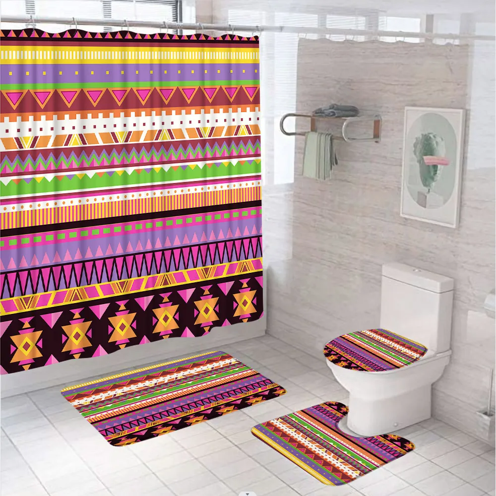 

Vintage Geometry Shower Curtain Sets Ethnic Style Colorful Art Bathroom Curtains Non-Slip Bath Mat Pedestal Rug Lid Toilet Cover