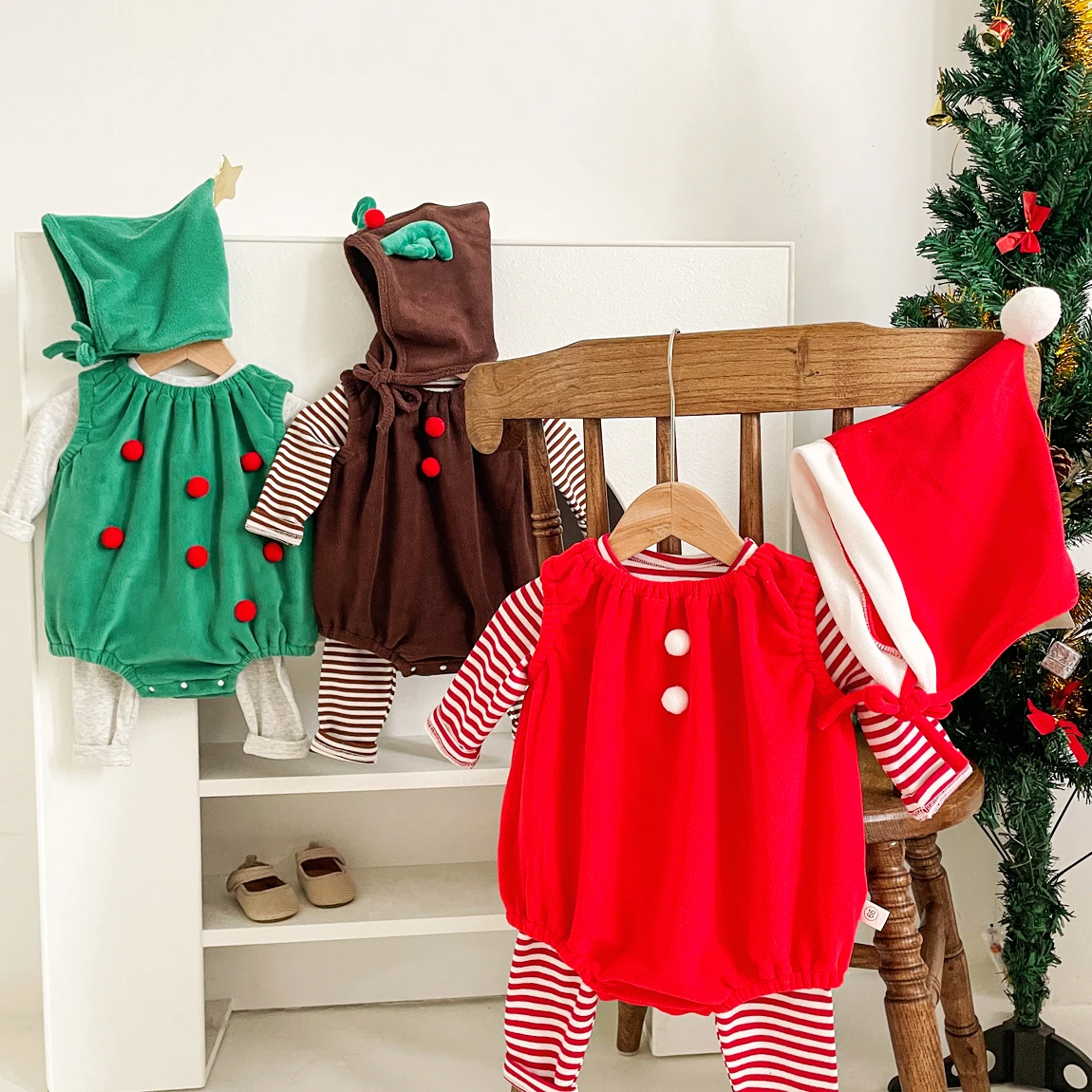 Baby Christmas Costume Cute Boys and Girls Children Hooded Sleeveless jumpsuit Striped Long Sleeve Pants Christmas Clothes 3 Pie