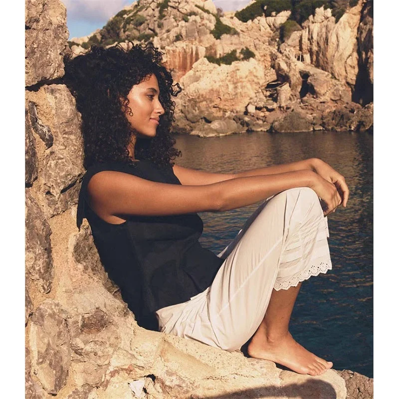 Susan taille haute jambe droite coton pantalon femme pur coton brodé dentelle pantalon décontracté été Faion Ele