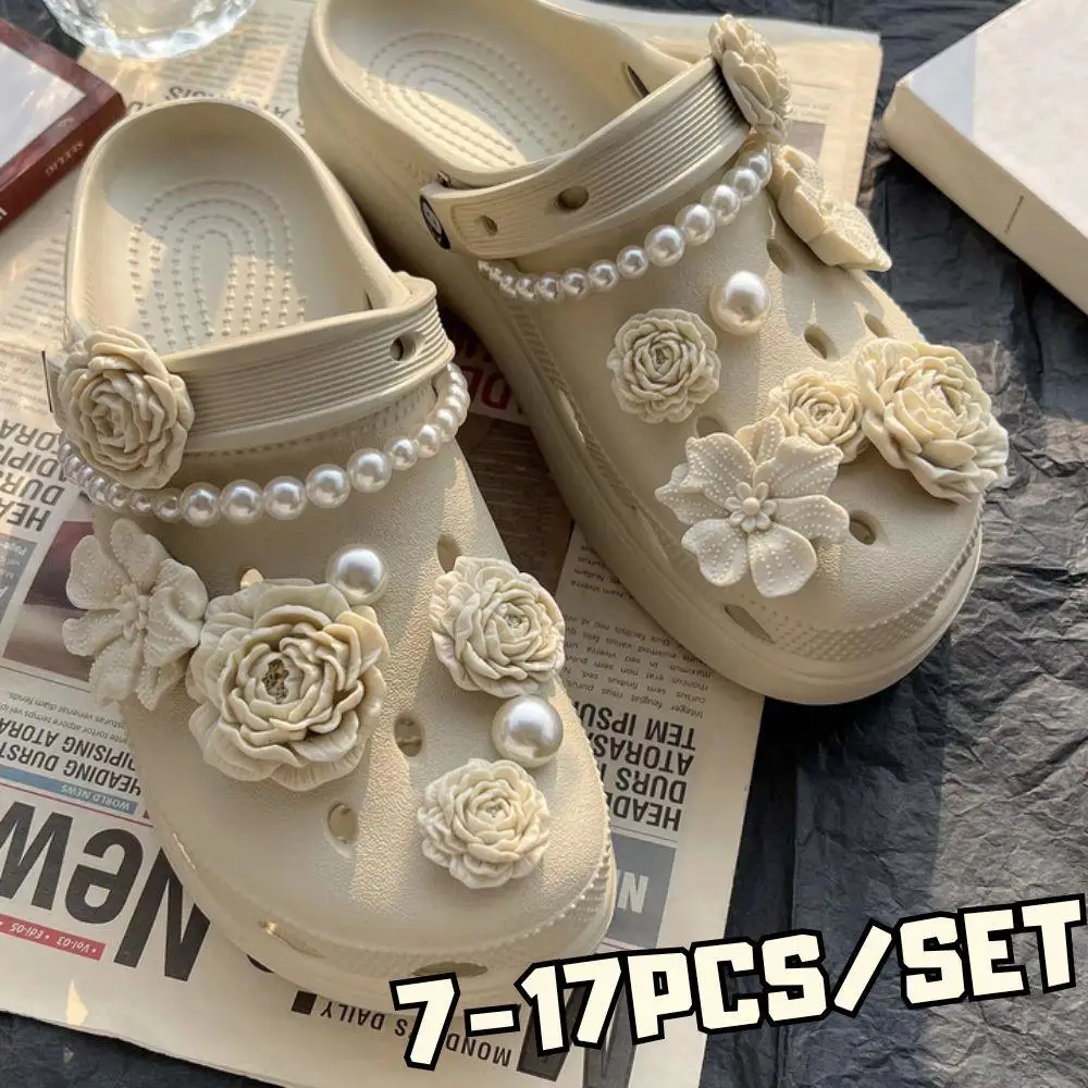 

7-17PCS/SET Hole Shoe Buckle Detachable Pearls Flower Shoe Clips Korean Decorative Flower Shoe Charms Clogs Slipper Shoe Buckle