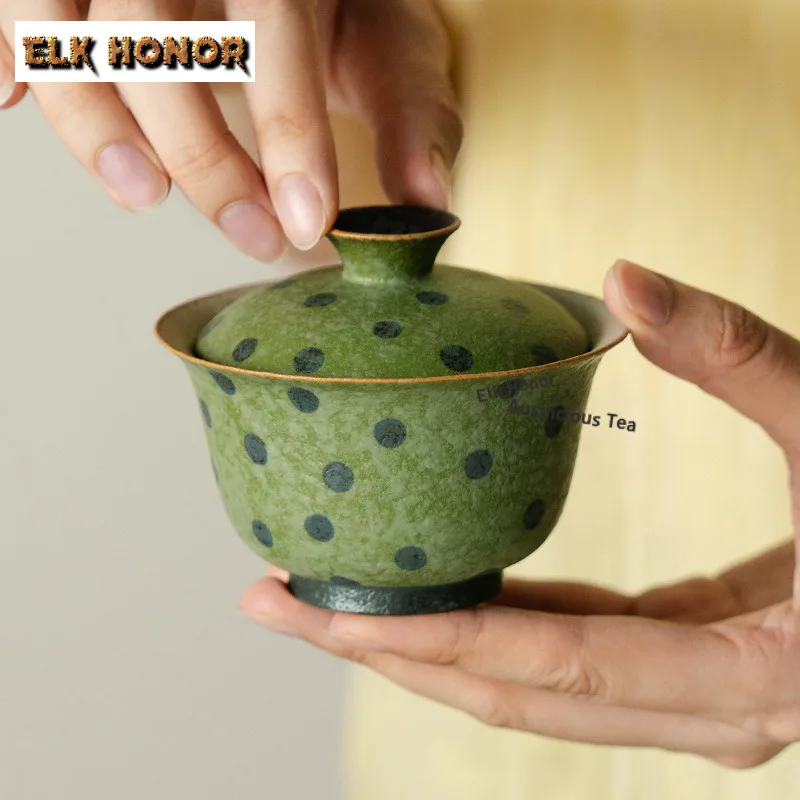 150ml Green Orange Wave Point Gaiwan Vintage Tea Tureen Household Tea Bowl With Lid Kit Tea Maker Cover Bowl Tea Items Craft