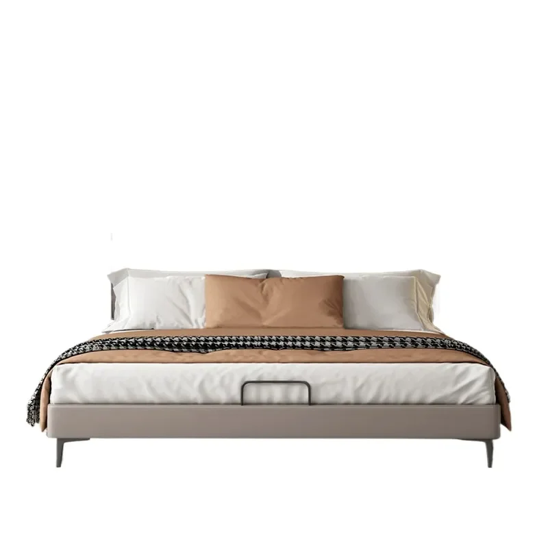 for Leather Art Bed French Antique Style 1.8m Double Bed Flush Edge Square Frame for Small Apartment Master Bedroom Modern