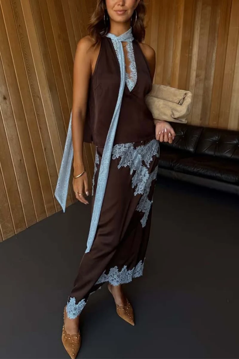 Sexy Lace Embroidery Splice Satin 2 Piece Sets Women Outfit Summer Clothes Women Sleeveless Top Long Skirt Suit Satin Dress Sets