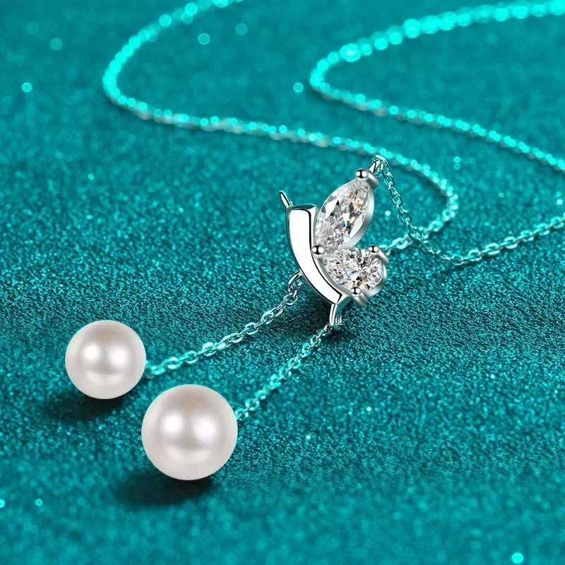 

Women's Moissanite 1ct Pendant Luxury Tassel Collar Chain, Original PT950 Platinum Pearl Necklace High Quality for Girl Gifts