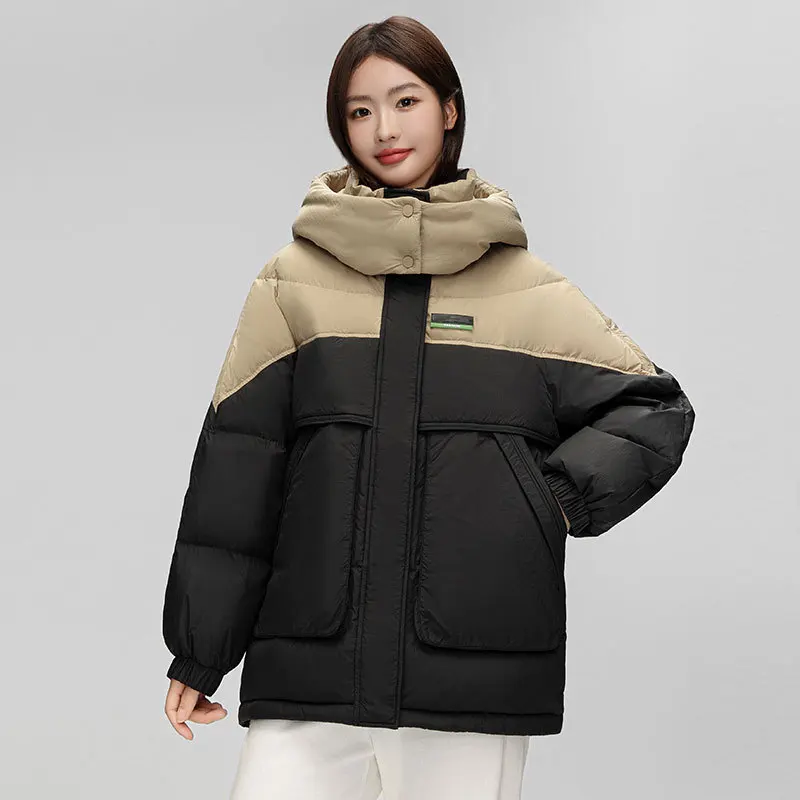 Women\'s Winter Down Jacket 2024 New Outerwears Color Clash Patchwork Hooded Puffer Coats Sporty Trend Outdoor Short Coats Down