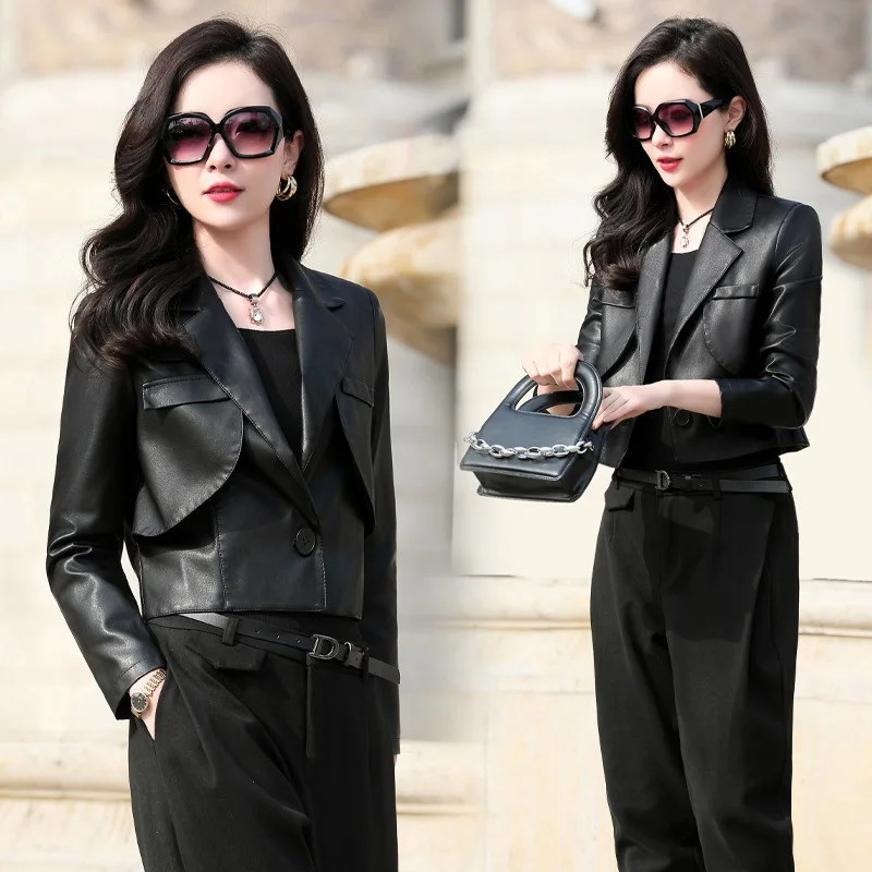 Jaqueta de couro preto roupas femininas 2025 primavera outono novo um botão emendado lapelas motocicleta curto couro do plutônio casaco feminino