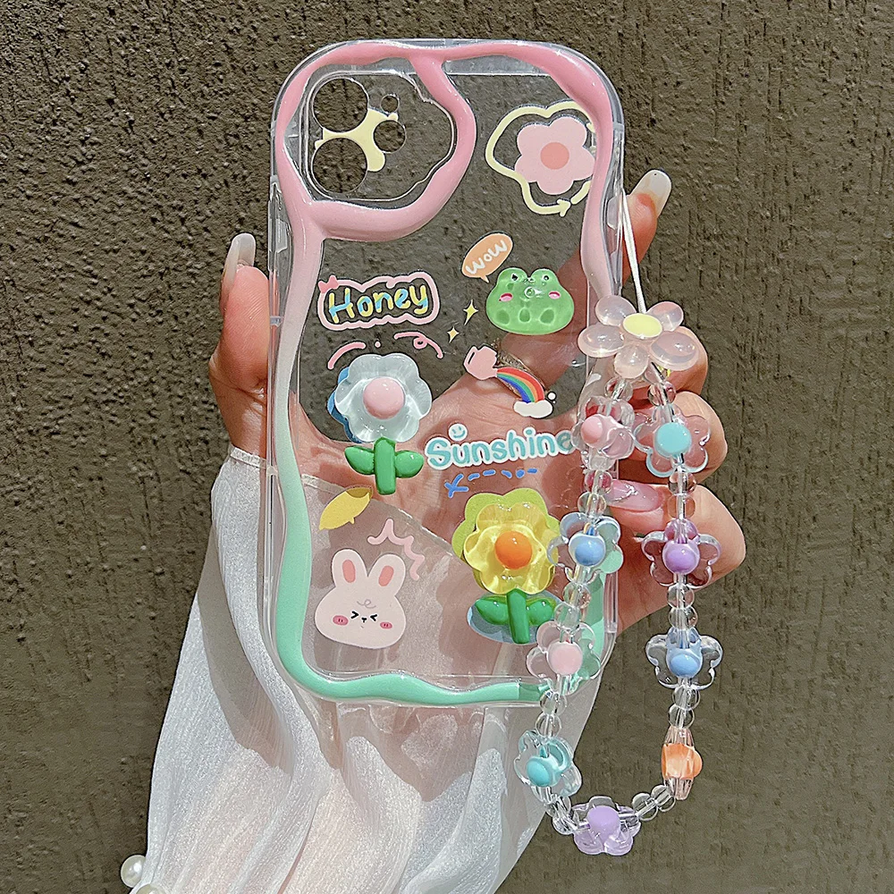 3D Flower Hang JOLanyard Soft Phone Case, iPhone 15 Pro Max 14 11 12 13 Pro Poly 8 7 Plus X XS Max SE 2020 2022, Corée Cover