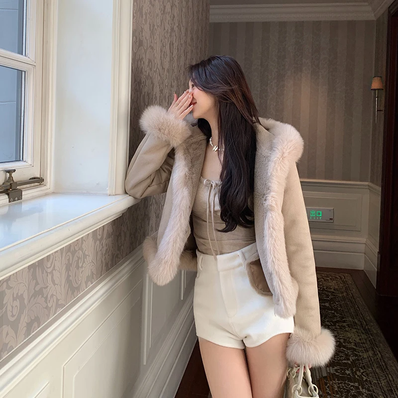 

Women's Fur Lined Hooded Jaet Sweeoon Island Sunlight Fur Inner Coat Long Sve Warm Commute Sle Winter Outerwear