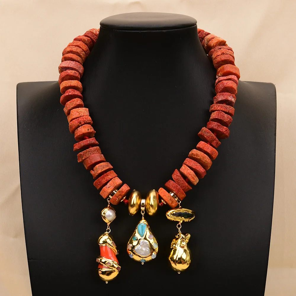 

GG Natural Orange Coral Wheel Abacus Nugget Beads Chokers Necklace Mix Pearl Coral Pendant