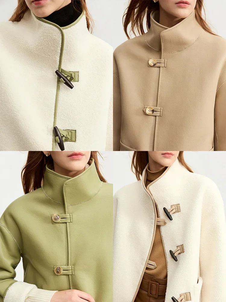 AMII Women's Chinese Style Fur Jacket 2025 Winter Fashion PU Leather Stand Collar Contrast Double Sided Outerwear Tops 12344213