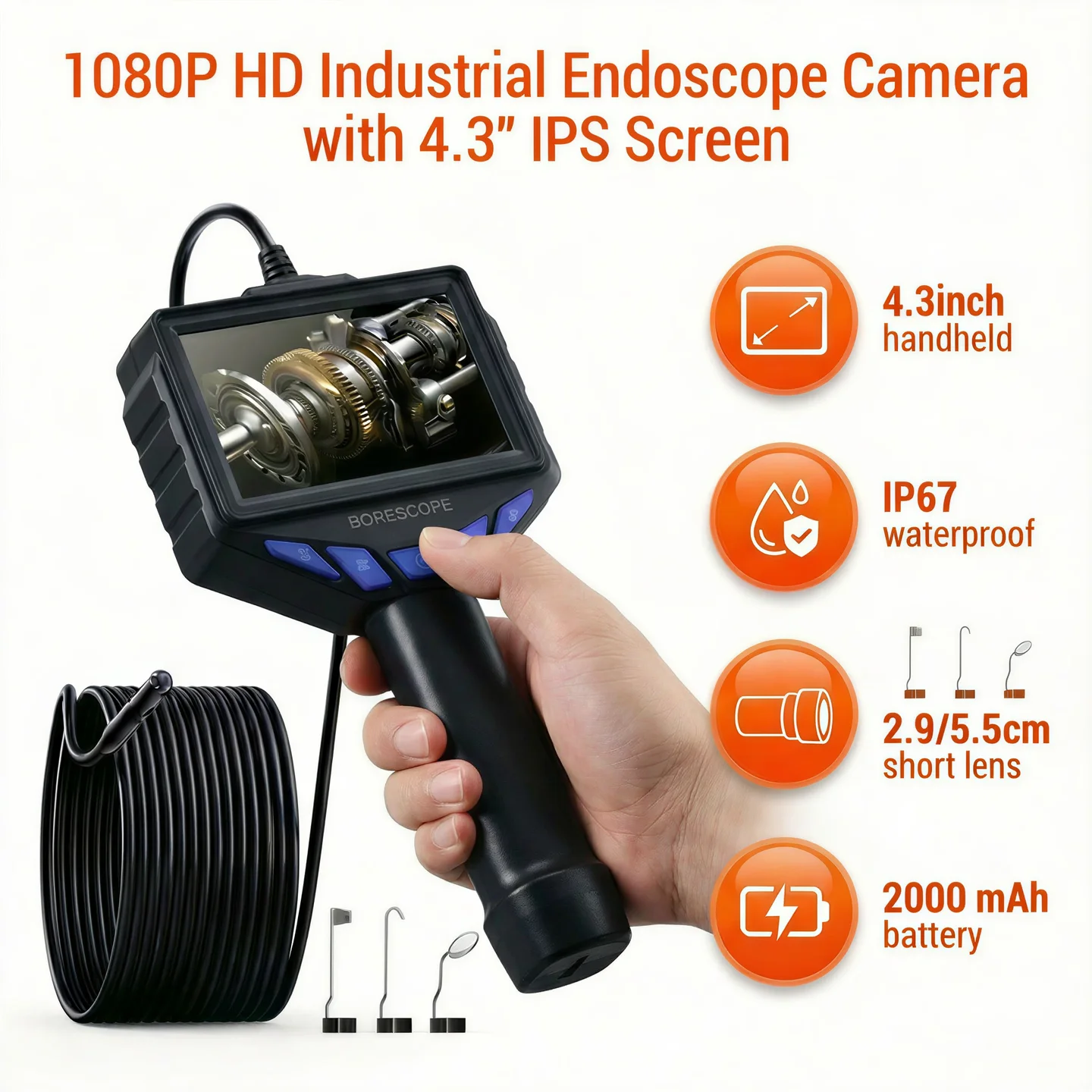 Endoscope Camera with Light, 8mm 1080P HD Borescope, IP67 Waterproof Snake Camera，Inspecting Walls, Automotive Engines, Pipes