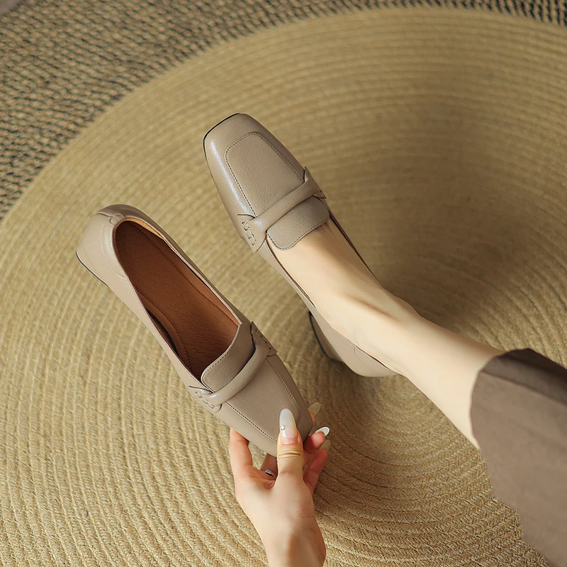 Women Pumps Shoes Genuine Leather 5m Heels Elegant Fashion Concise High Quality Lady Shoes Square Toe HIgh Thick Heel A130