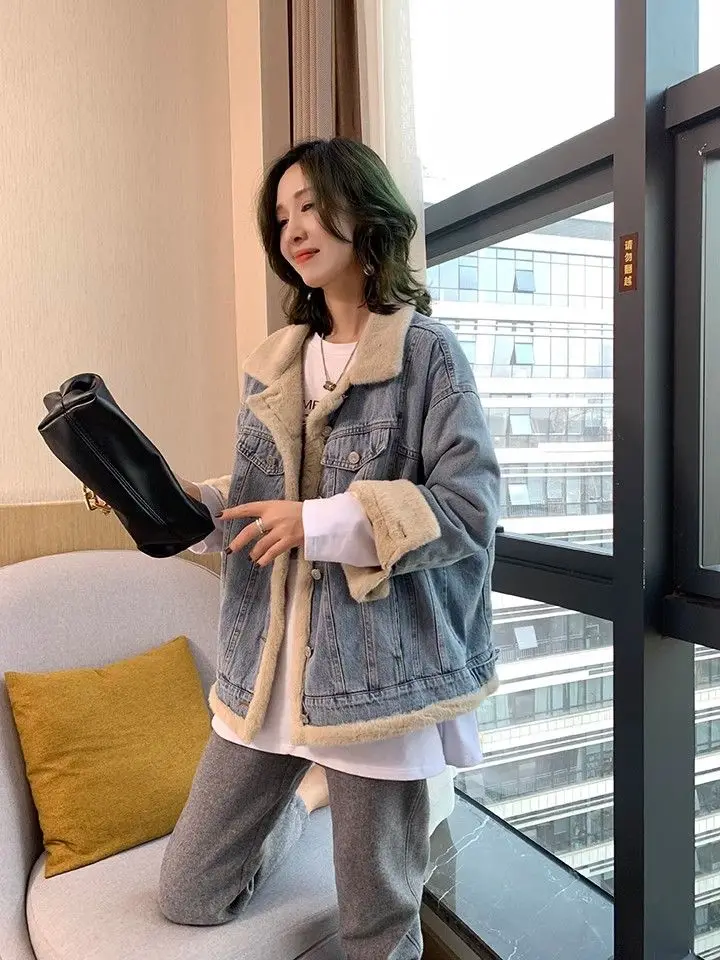 Denim Coat With Fur And Hood Plush Womens Autumn Slim-Fit Corduroy Chic Outdoor Activities Mountaineering Standneck Buttoned Y2K