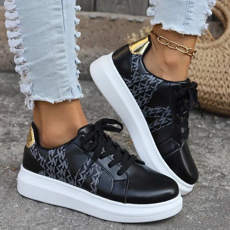 Spring and Autumn Fashion Women's Shoes Casual Sneakers Women's Round Toe Platform Shoes Lace-up Tennis Shoes Vulcanized Shoes