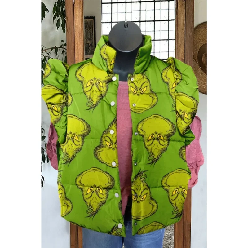 Autumn and Winter Women's New Vest Casual Jacket 3D Printed Pattern Ladies Quilted Vest Warm Sleeveless Buttons
