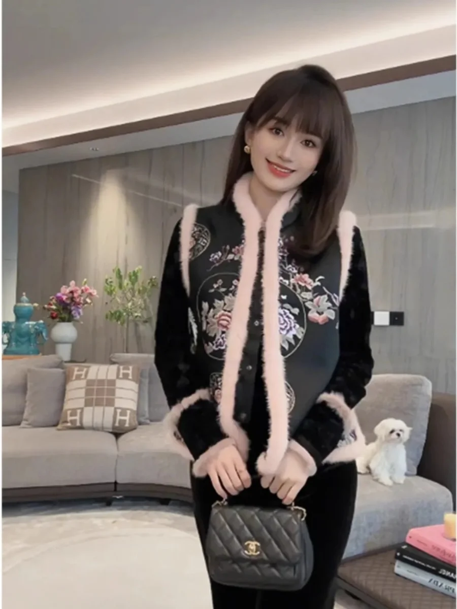 

Faionable Print Trim irt Waist Cinching Stand Collar Women's Top Ele Sle Polyester Fiber mid Weight Winter Casual Wear