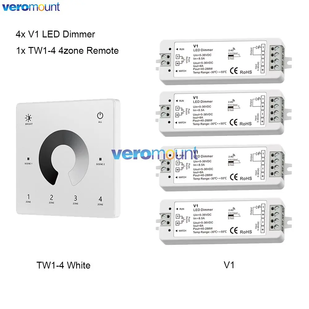 Skydance V1 LED Dimmer 1CH 5V 12V 24V 36V Enkele Kleur LED Strip Dimmen Kit Draadloze 2.4G RF 4Zone Afstandsbediening Touch Schakelaar
