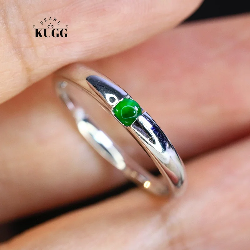 

KUGG 100% 18K White Gold Rings Fashion INS Style Natural Jade Gemstone Ring for Women High Party Jewelry Anniversary Gift