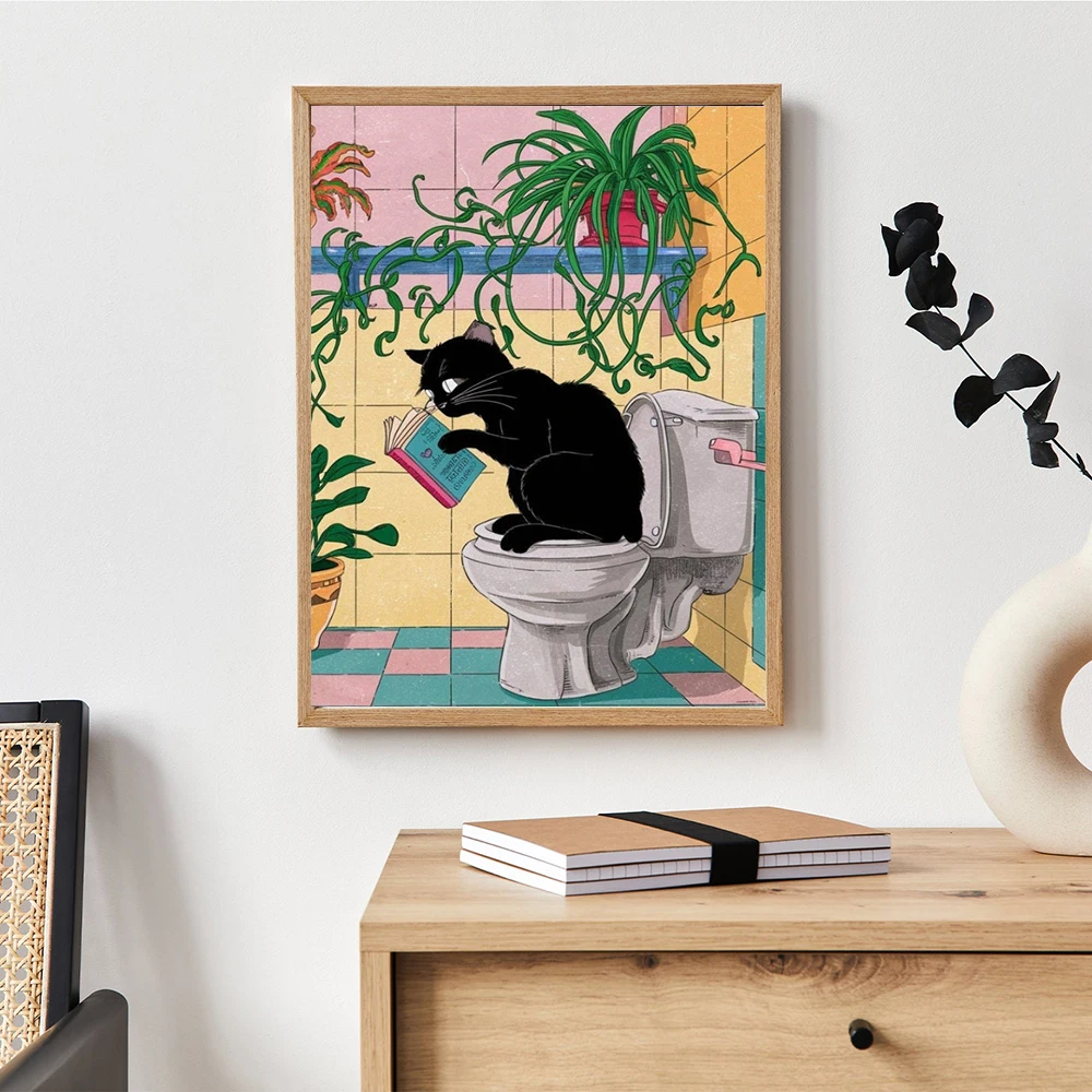 

Funny Black Cat Using Toilet Wall Art Cat Reading Books Canvas Posters Prints Pictures Home Bathroom Living Room Decoration