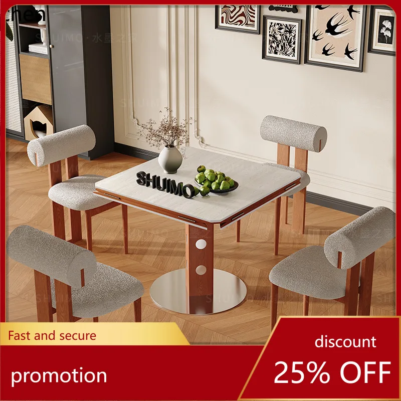 HXL Travertine Stone Plate Telescopic Dining Table Solid Wood Folding Square Round Dual-use Dining Table