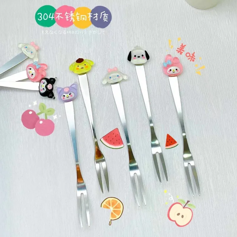 

6pcs Hello Kitty PomPomPurin Anime Kawaii Sanrio Fruit Fork Cute Cartoon Stainless Steel Fruit Pick Tableware Gifts Toys