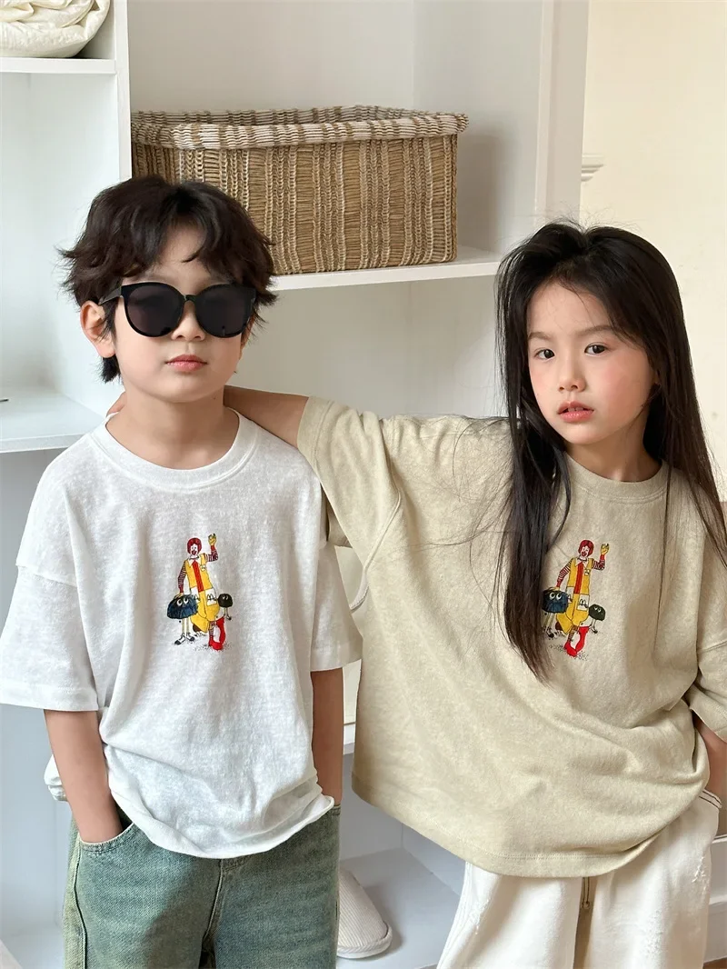 Children Clothing Kids 2024 Summer New Korean Style Short Sleeve Cartoon Printed T-shirt for Boys and Girls Cute Short Sleeve