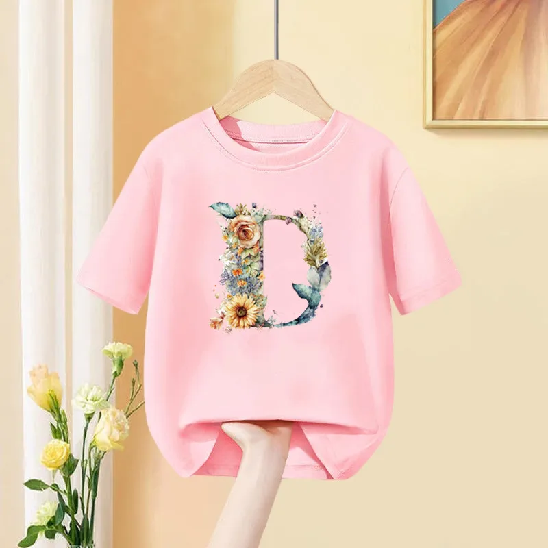 Girls T Shirt Custom Name Letter Combination Print Tshirt Flower Letter Font A B C D E F G Short Sleeve Kids Pink Tops