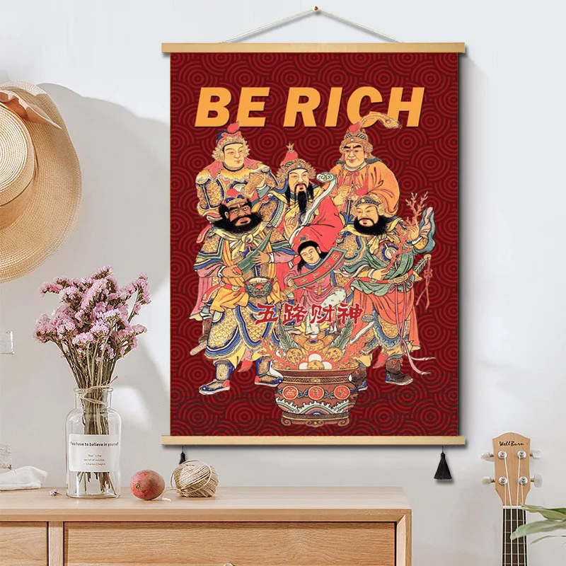 The God of Wealth Scroll Painting Room Decor Aesthetic Poster Living Room Bedroom Fengshui Decoration Wall Art Tapestry Hanging