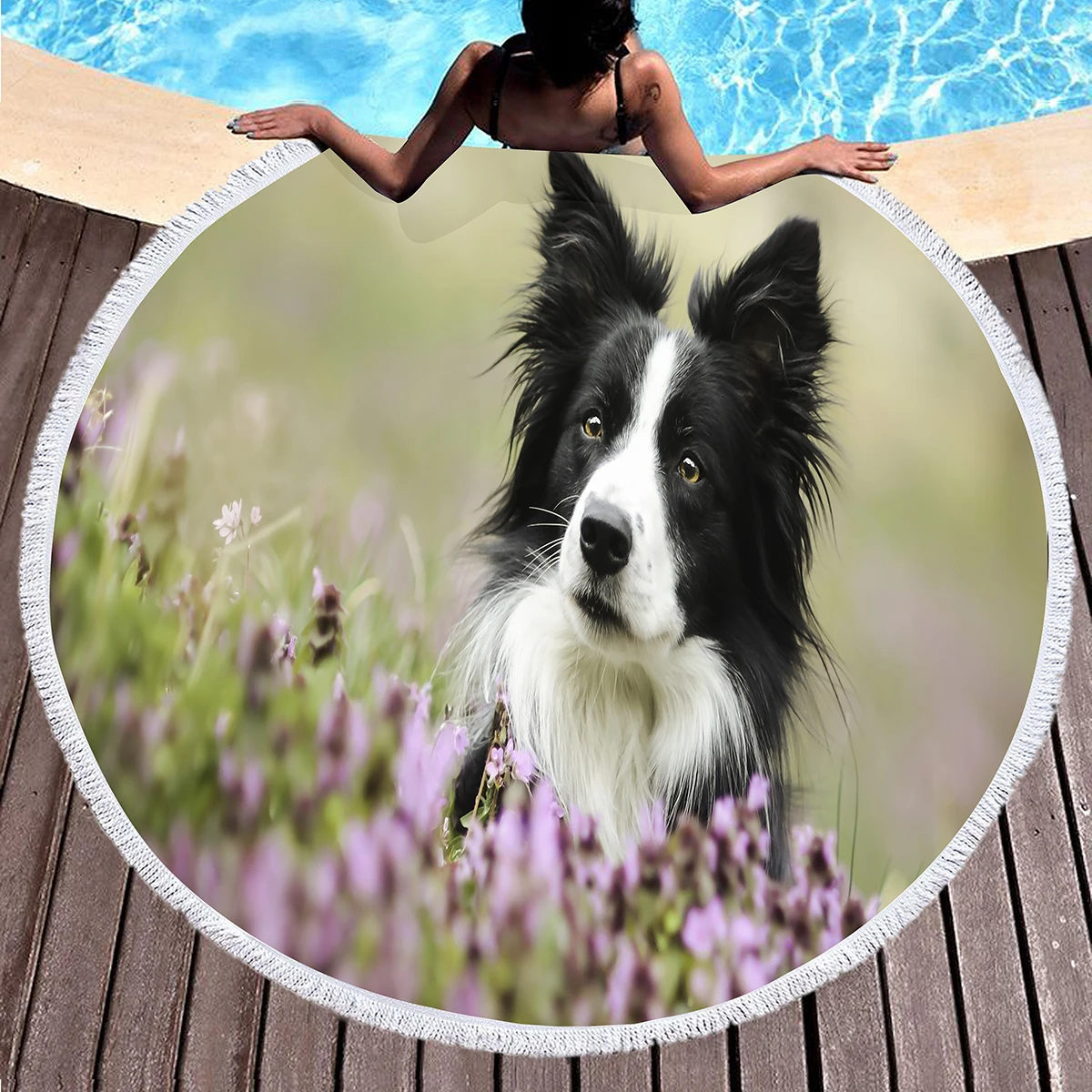 Border Collie Round Beach Towels,Dog Greeting Its Owner Among Flowers Sand Free Absorbent Beach Blanket Bath Towels Picnic Mat