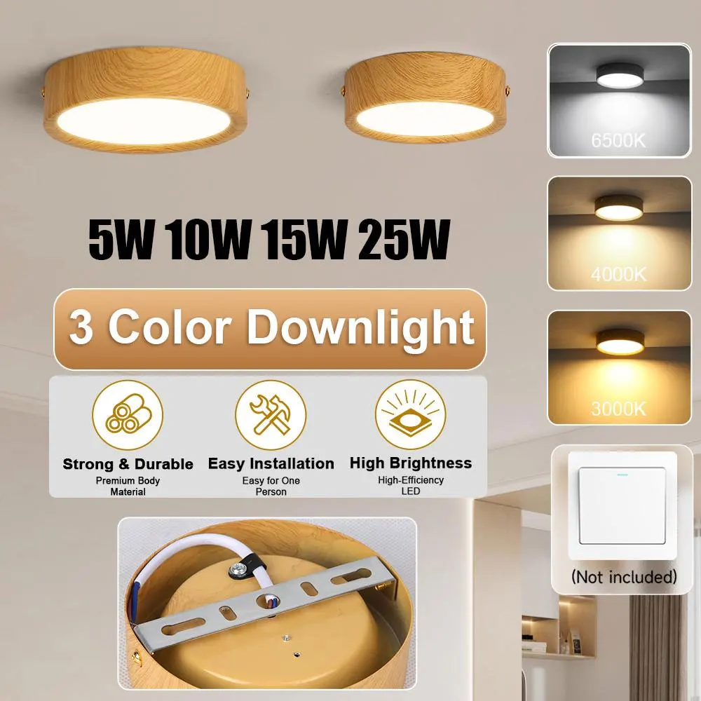 Wood Grain Aluminum Surface Mounted LED Downlight 3 Color Change Switchable Ceiling Spot Lamp AC220V Indoor Home Decor Lighting