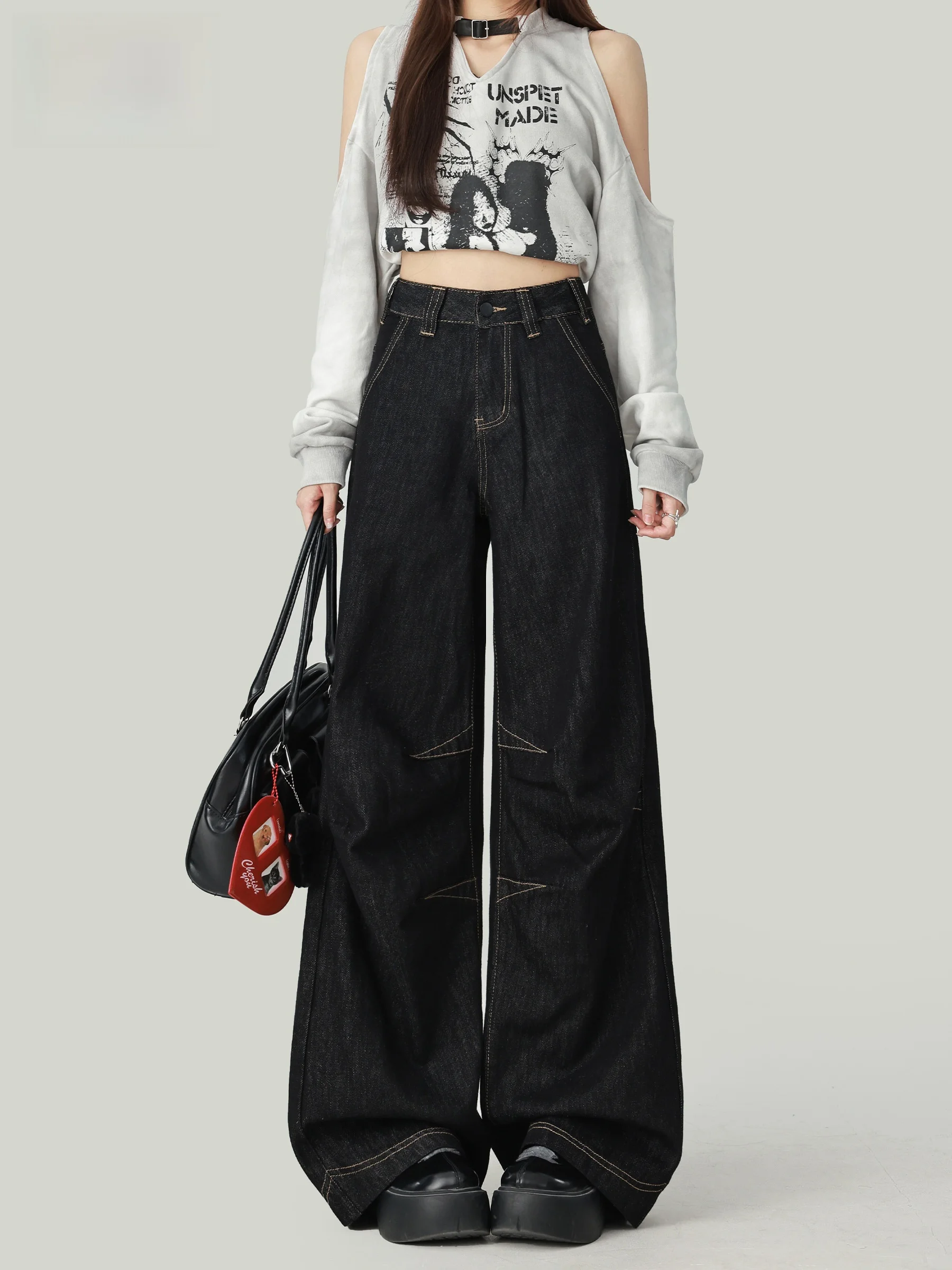 

Американские джинсы с высокой талией и широкими штанинами для женщин: свободные, стройнящие, струящиеся, в пол, прямого кроя, осенняя новинка