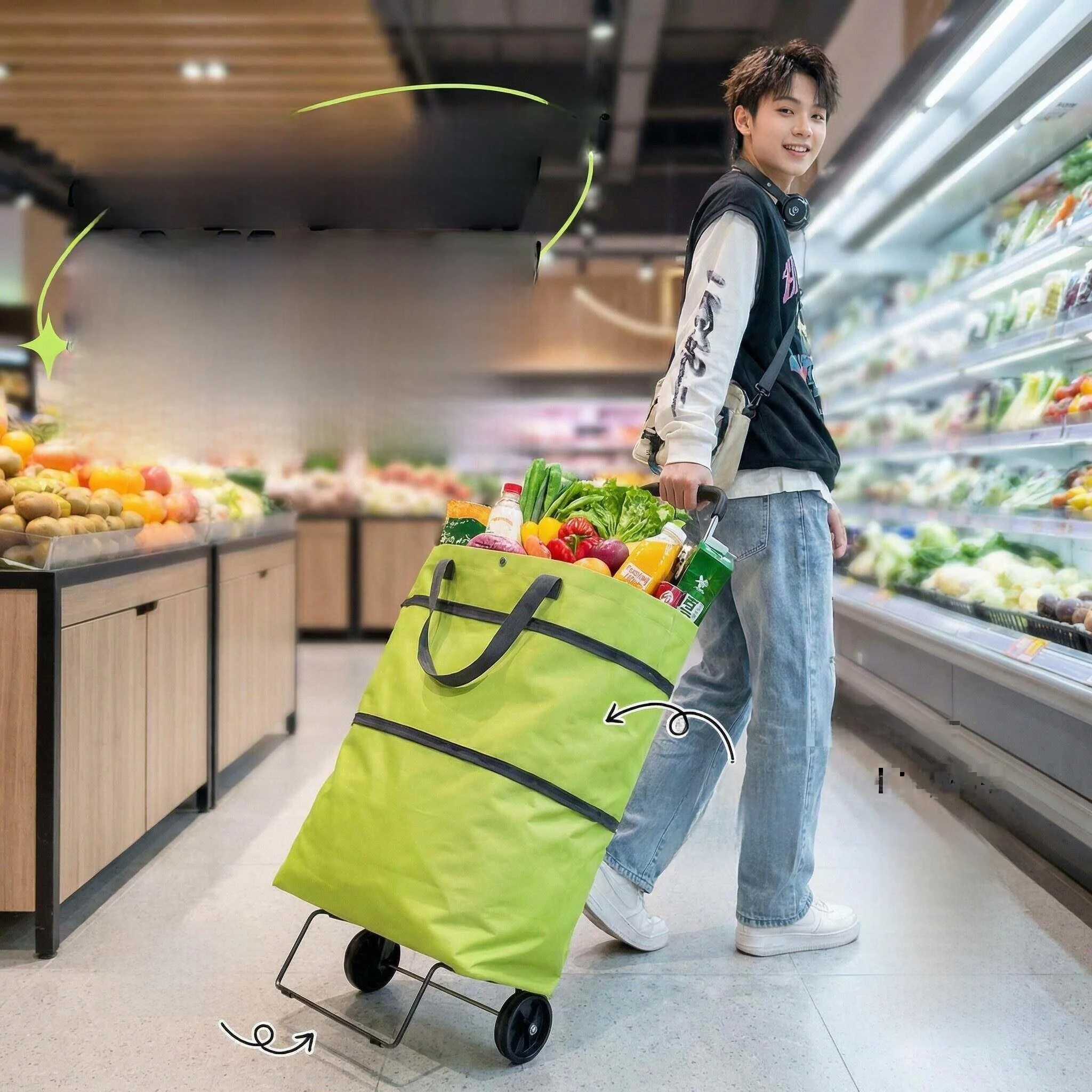 ポータブル折りたたみ式軽量耐久性ショッピングカート、若者向け手引き野菜購入用小型トロリー、頑丈な新型
