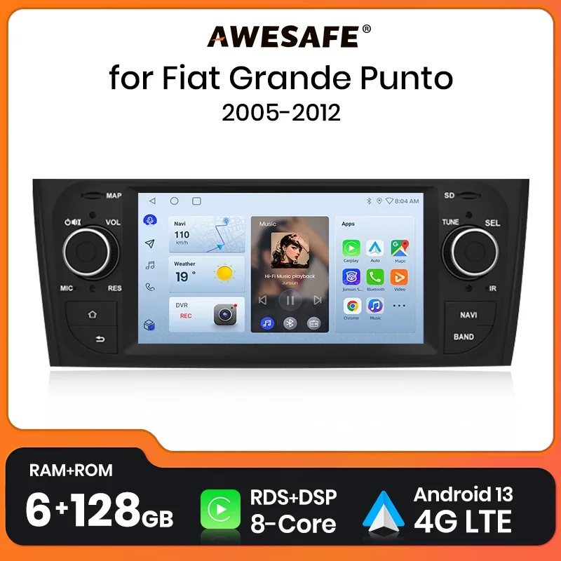 AWESAFE Wireless CarPlay AutoRadio for  Fiat Grande Punto 2005 2006 2007 2008 2009 2010 2011 2012 Multimedia Head Unit IPS