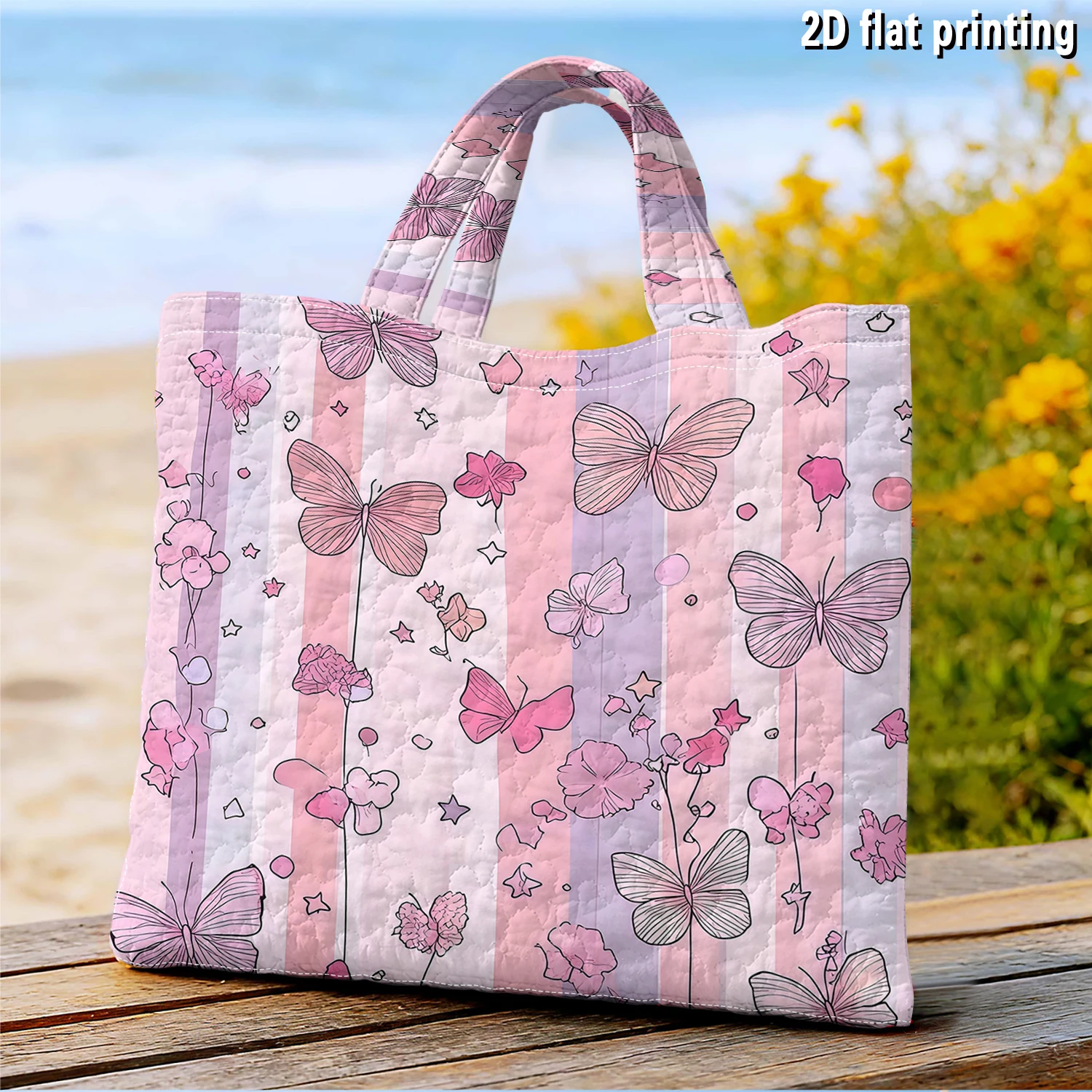 Pastel Stripe Butterfly Floral Women canvas shoulder bag Dual-Side Printed Tote Bag shopping bag Fashionable and gift handbag