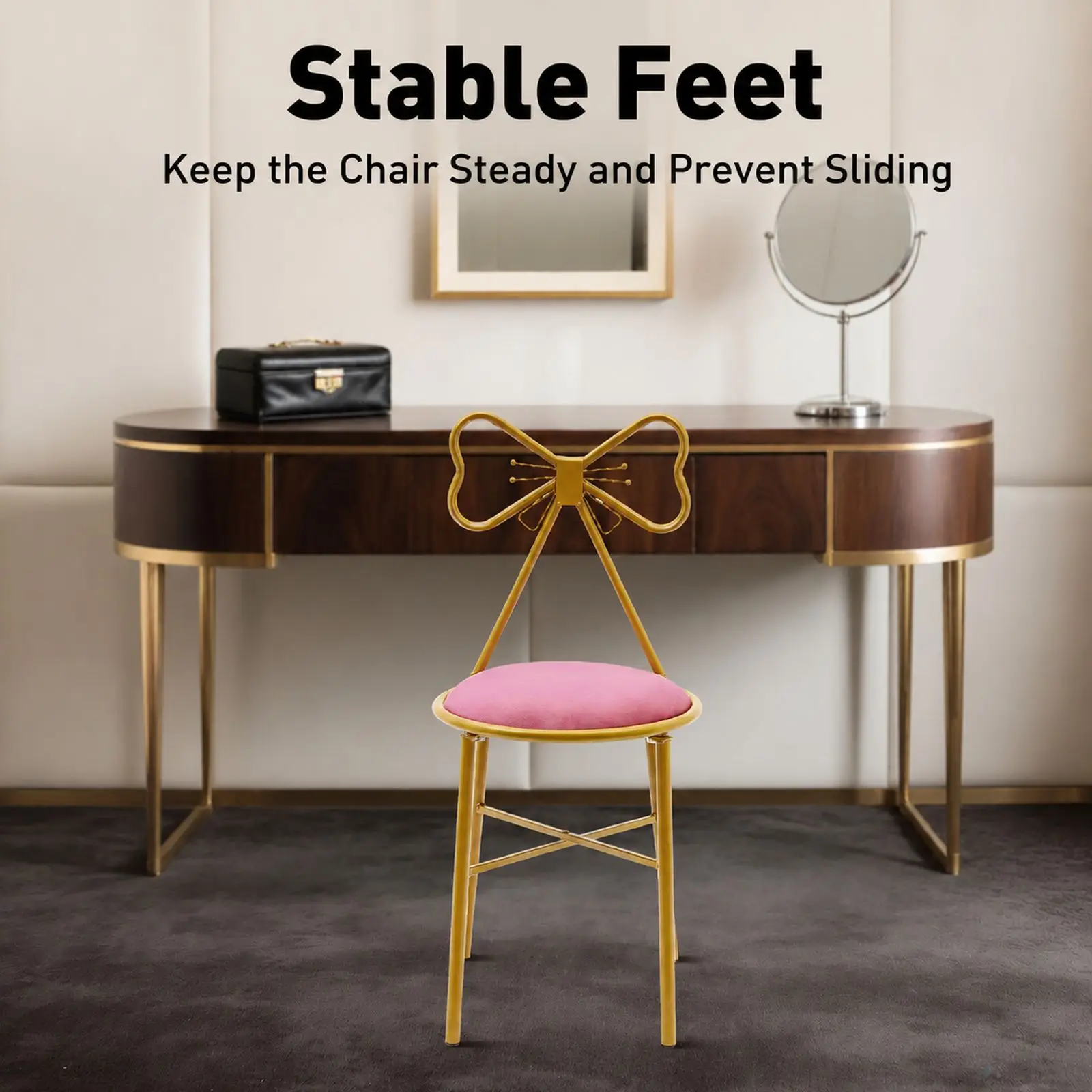 Pink Butterfly Backrest Vanity Chair Gold Plastic Sprayed Iron Frame 100kg Load Anti-slip Feet Girly Makeup Stool view 7