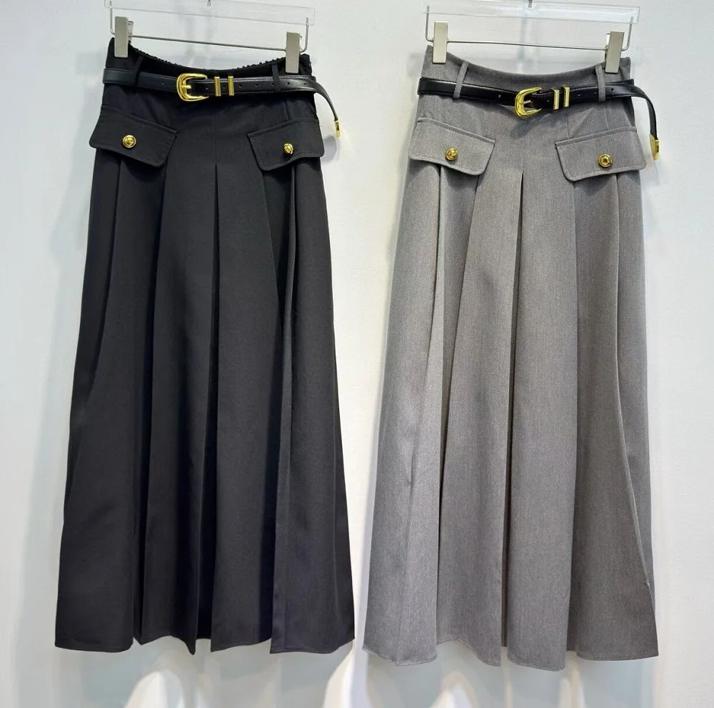 

Newest Fashion Long Skirts 2025 Autumn Winter Style Women Button Belt Deco Elegant Party Long Black Grey Maxi Skirt Clothing