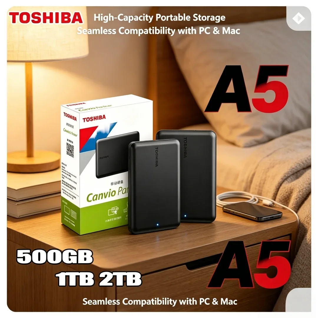 Budget Friendly Toshiba A5 Series Small Black Portable Hard Drive High-Speed USB 3.2 Gen1 500GB/1TB/2TB/4TB Compatible With Mac