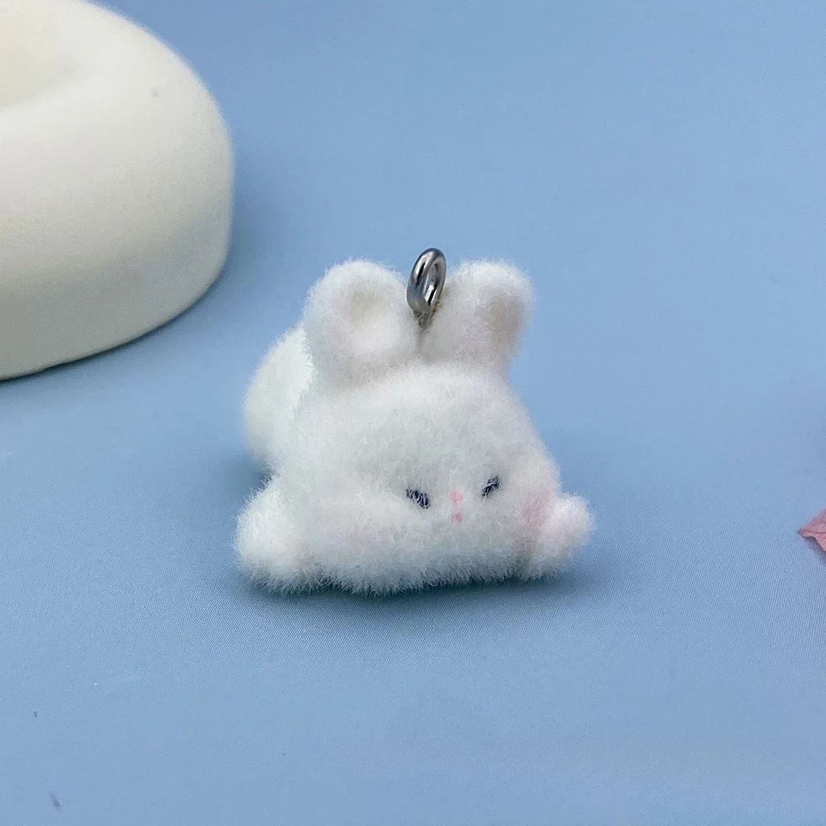 20Pcs 3D Cute Flocking Sleep Bunny Resin Charms Plush Cartoon Animal Rabbit Pendant For Keychain Earring DIY Crafts Jewelry Make