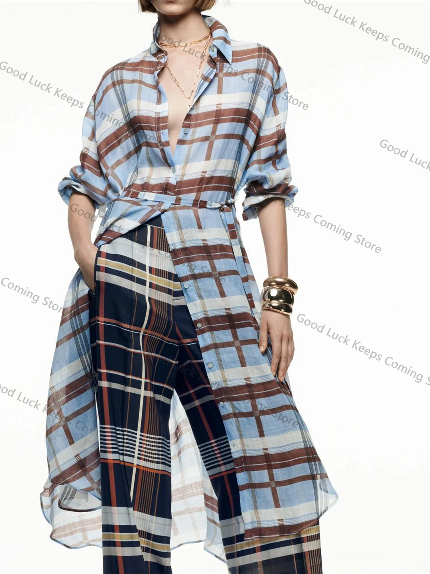 Camicie scozzesi con tasche a maniche lunghe larghe primaverili Camicetta monopetto casual blu da donna Camicia lunga blu Camicia a maniche lunghe femminile