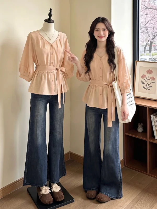 

Pink V-neck Shoulder-Length Shirt Women's plus Size Belted Waist Seven-quarter Sleeve Top Korean Style Comfortable Breathable