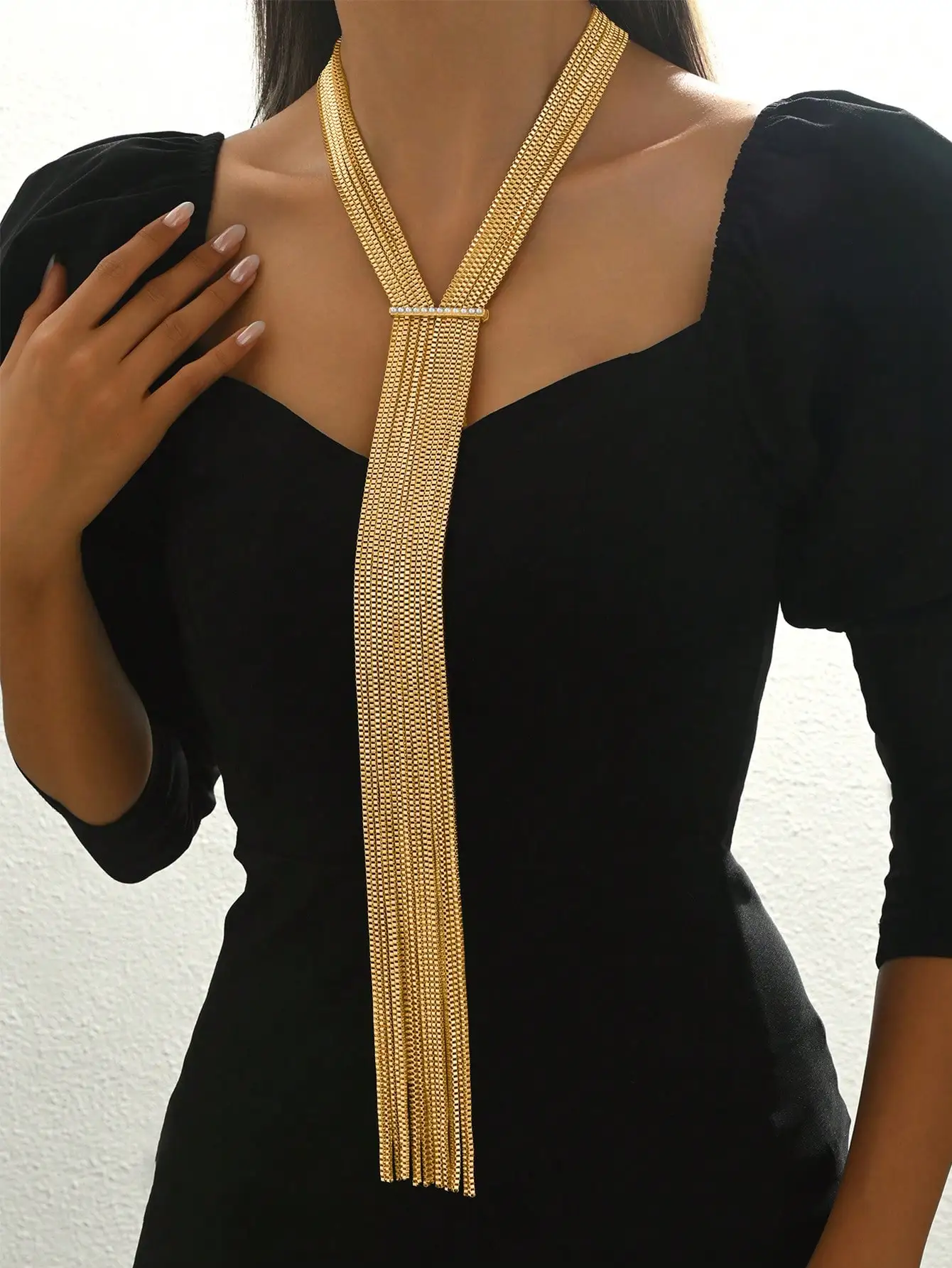 Gold Fashion Square Box Chain Multi-Layer Long Necklace with Acrylic Pearl Decoration Alloy Embellishment for Dress Accessories
