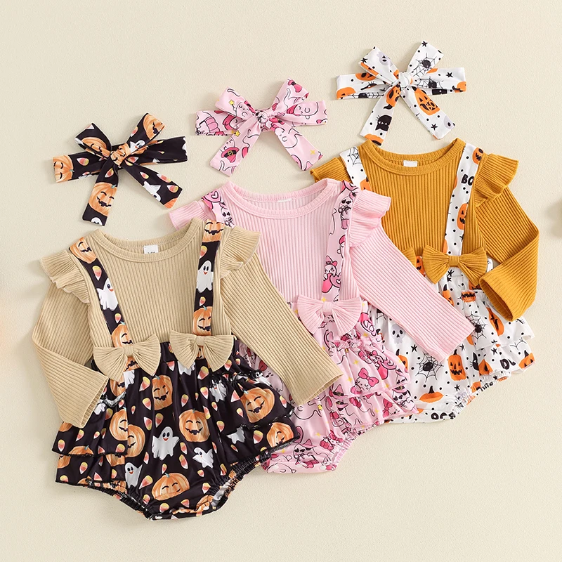 

VISgogo Baby Girls Halloween Romper Dress Pumpkin Print Long Sleeve Knit Bow Bodysuit and Headband Set for Infant Fall Outfits