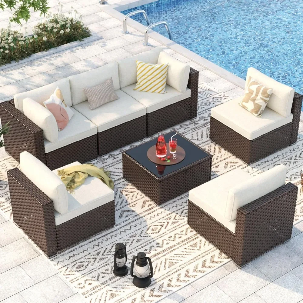 

7 Pieces Patio Conversation Sets, All-Weather Wicker Patio Furniture Set with Adjustable Seat, Soft Cushions&Coffee Table, Brown