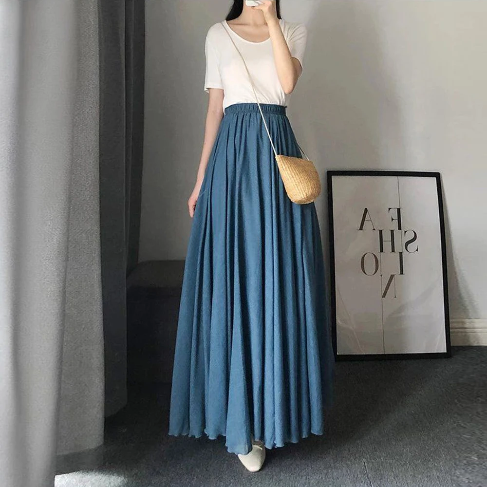 Girl Loose Cute A-line Skirt Kawaii Pink Green Blue Dance Midi Skirts Women High Waist Elastic Waist Cotton Linen Pleated Skirts